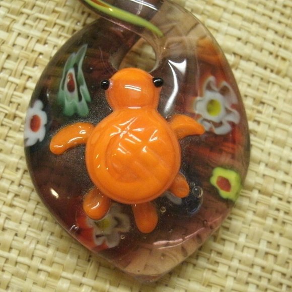 Murano Glass Turtle & Flowers Pendant Necklace - Picture 4 of 16